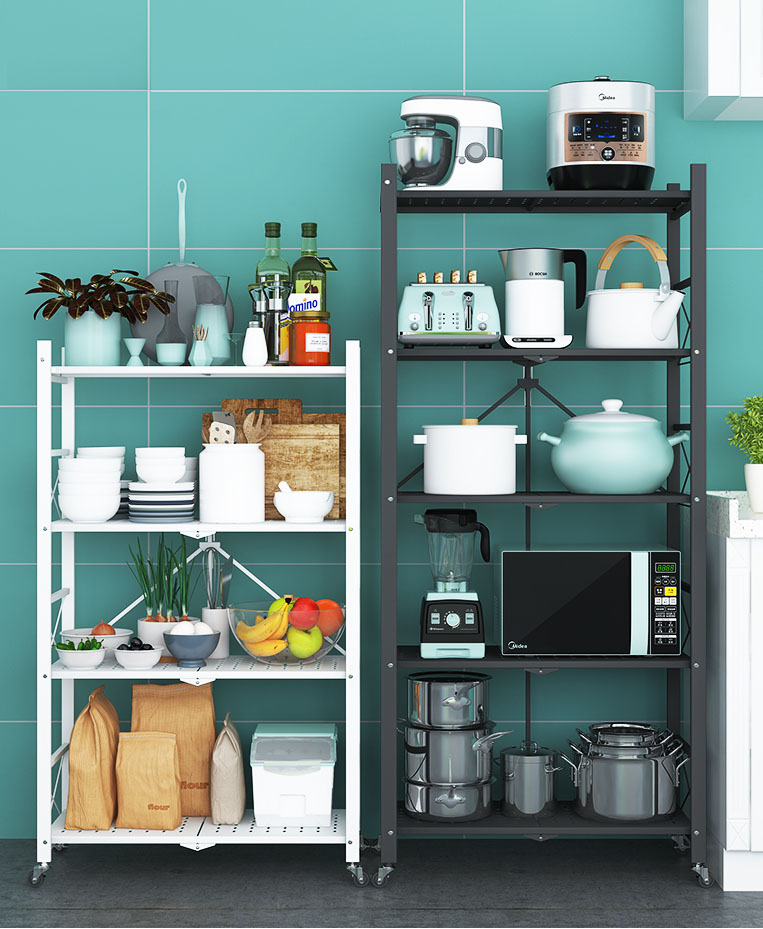 Black foldable rack used as kitchen shelving for appliances and dry goods