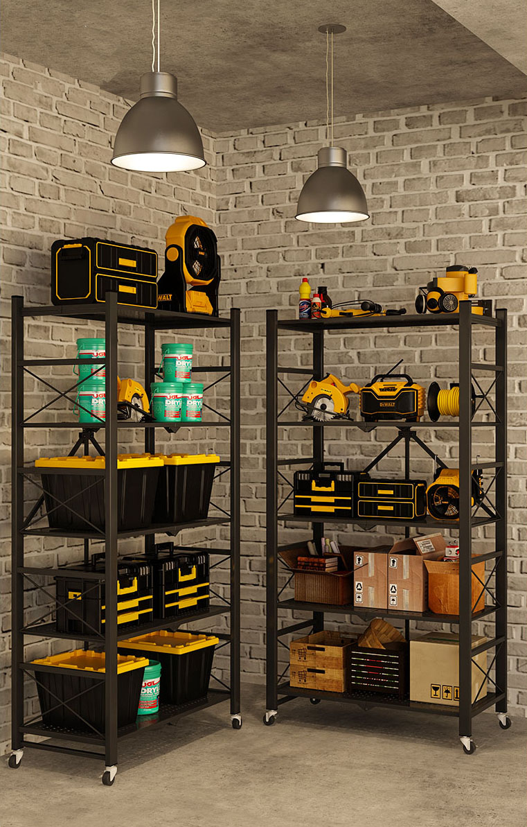 Black foldable rack holding household storage boxes inside a storeroom
