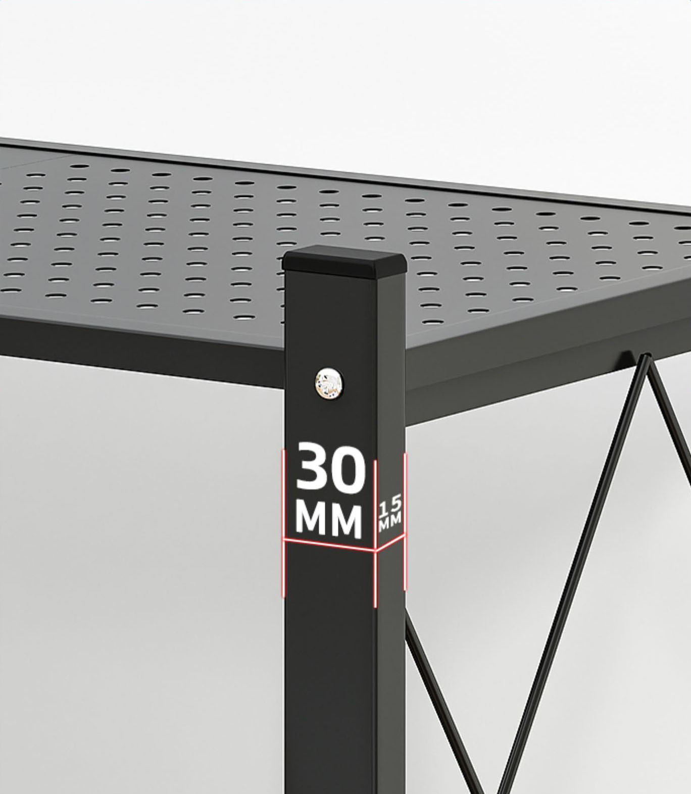 Close-up of a foldable rack upright showing the 30mm by 15mm rectangular steel section and perforated shelf edge