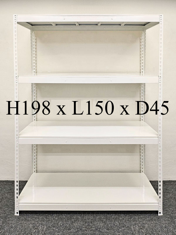 Beige boltless L-shaped rack bay measuring H198 by L150 by D45cm