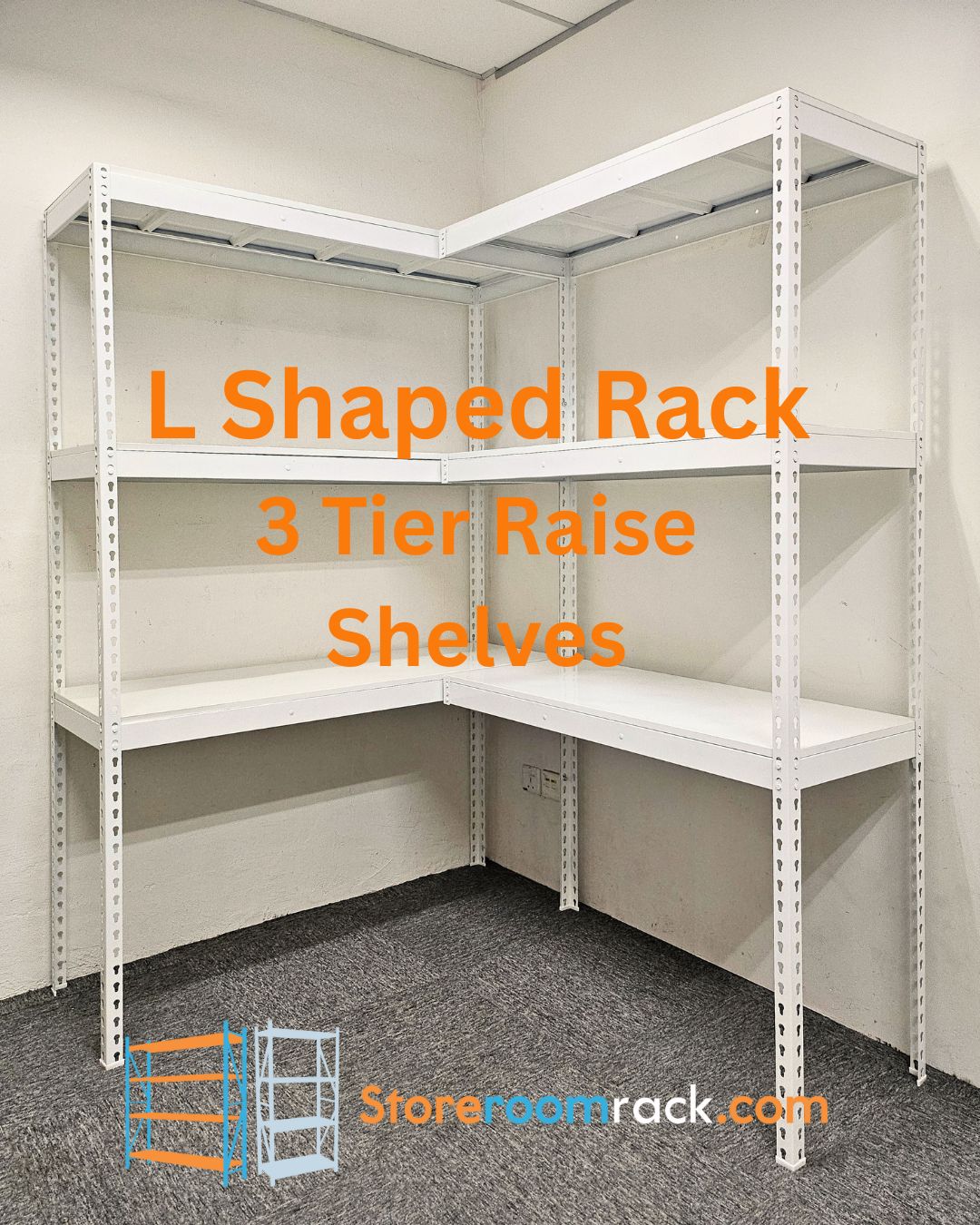 L-shaped rack built with three raised shelf levels, leaving open floor beneath the lowest shelf