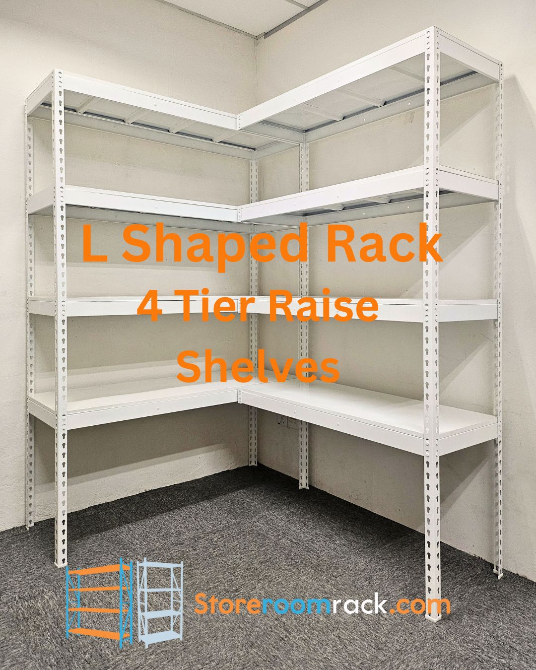 L-shaped rack built with four raised shelf levels and clear floor space underneath