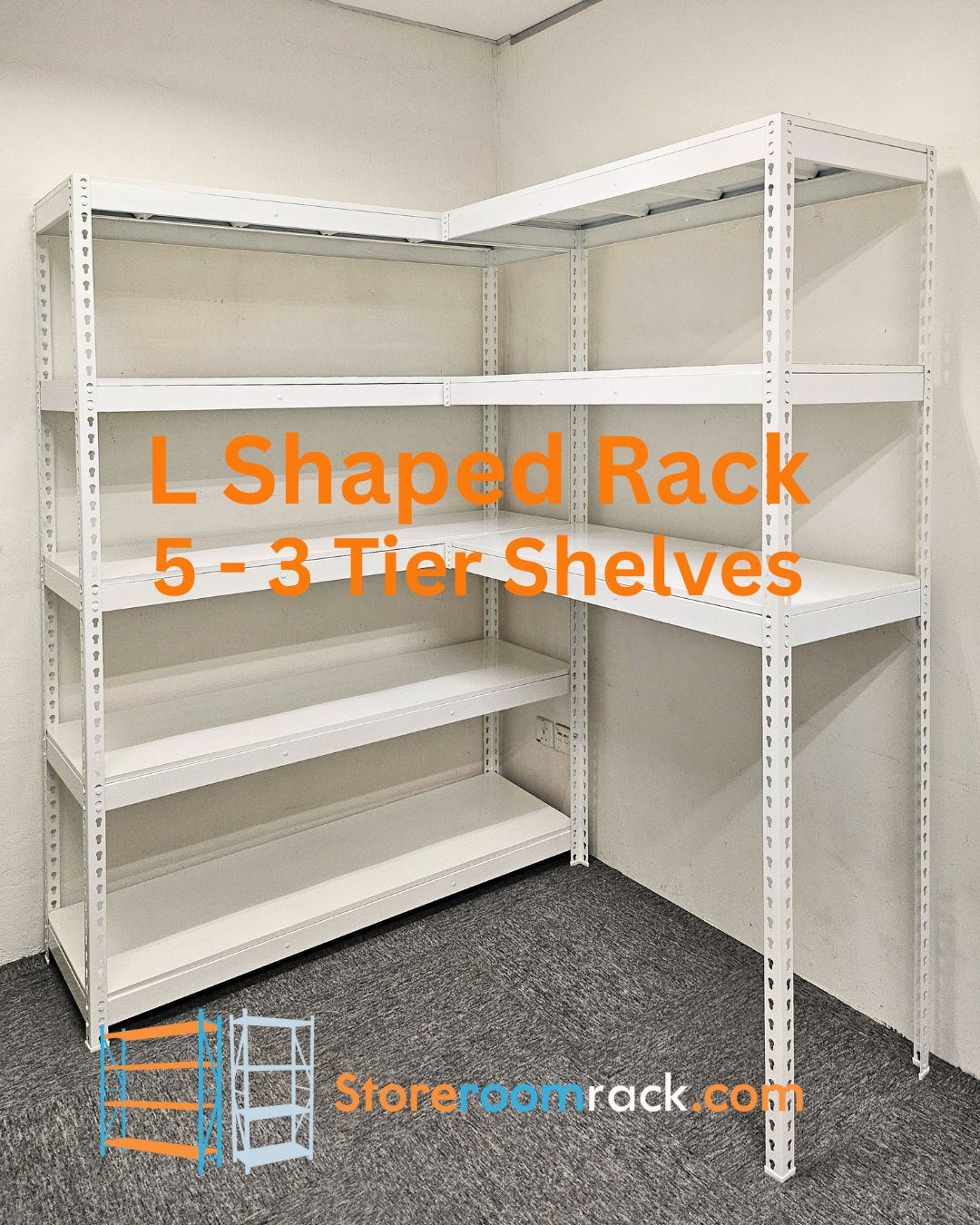 L-shaped rack with five shelf levels on one arm and three taller levels on the other