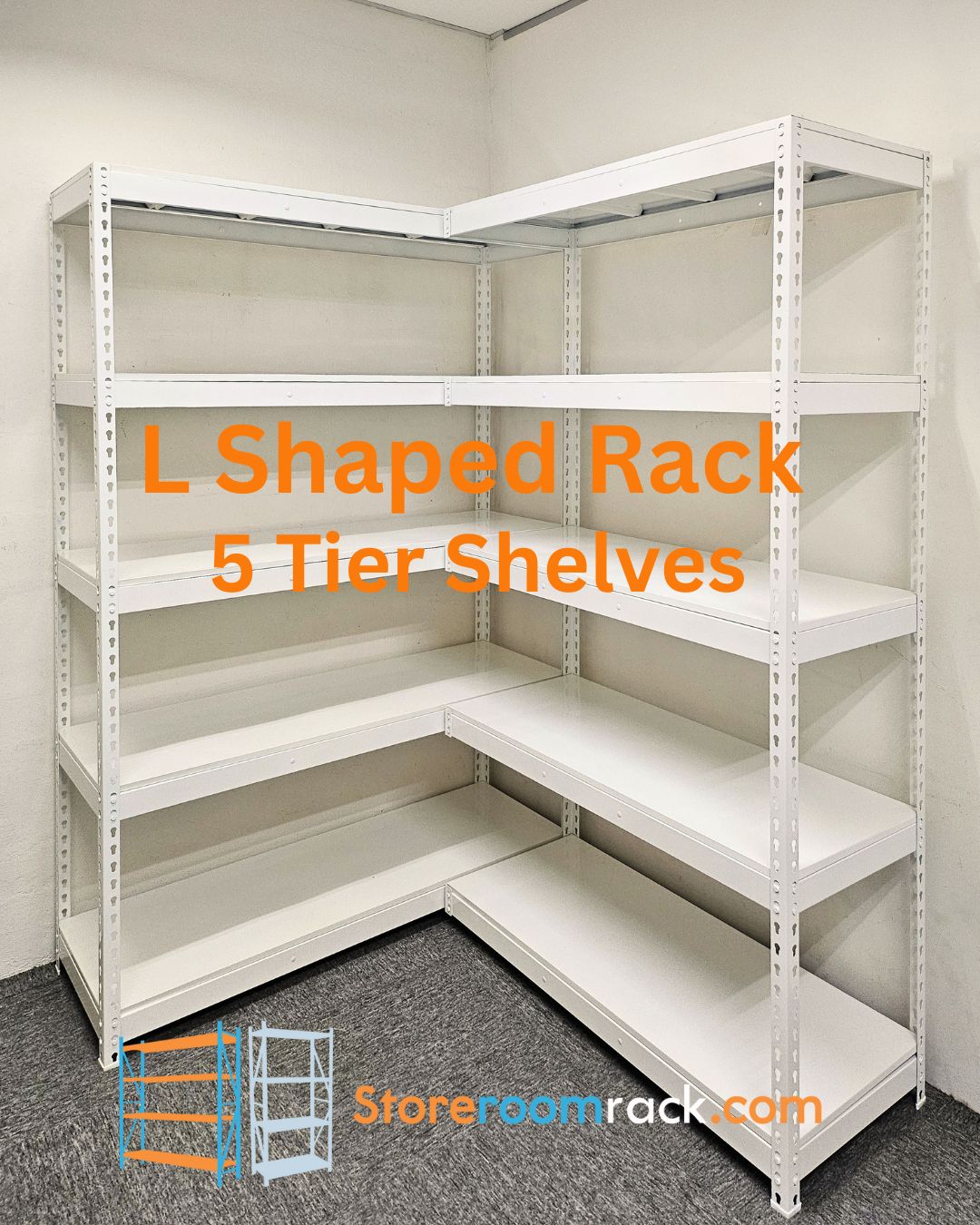 L-shaped rack built with five closely spaced shelf levels around a room corner