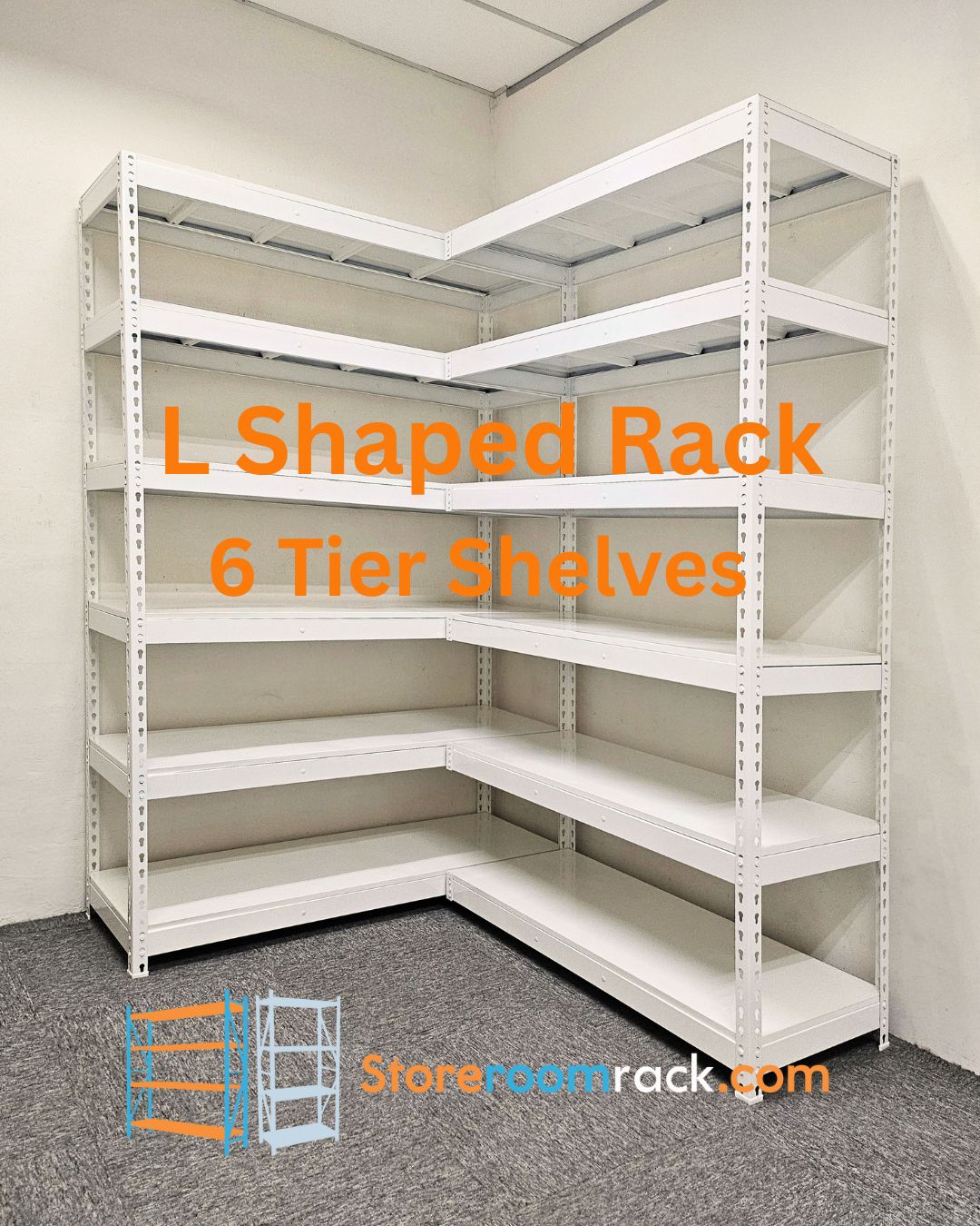 L-shaped rack built with six shelf levels filling the full height of the corner
