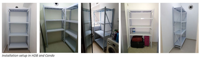 Storage rack installation layouts in HDB flats and condominiums Five photographs of white boltless storage racks installed in Singapore homes: a storeroom, a corner layout across two walls, a service yard beside a washing machine, a bay left open for luggage, and a household shelter