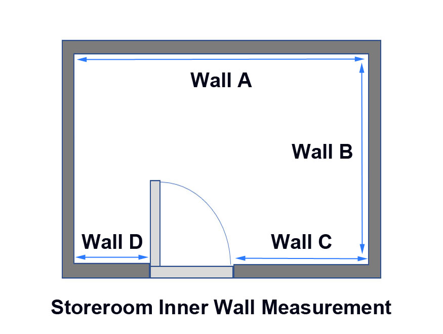Measuring the inner wall length of a storeroom with a tape measure to size a storage rack
