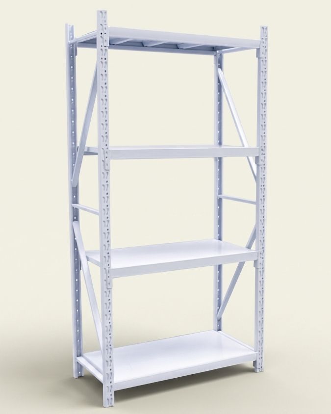 White boltless storeroom rack with four adjustable metal shelves and diagonal side bracing