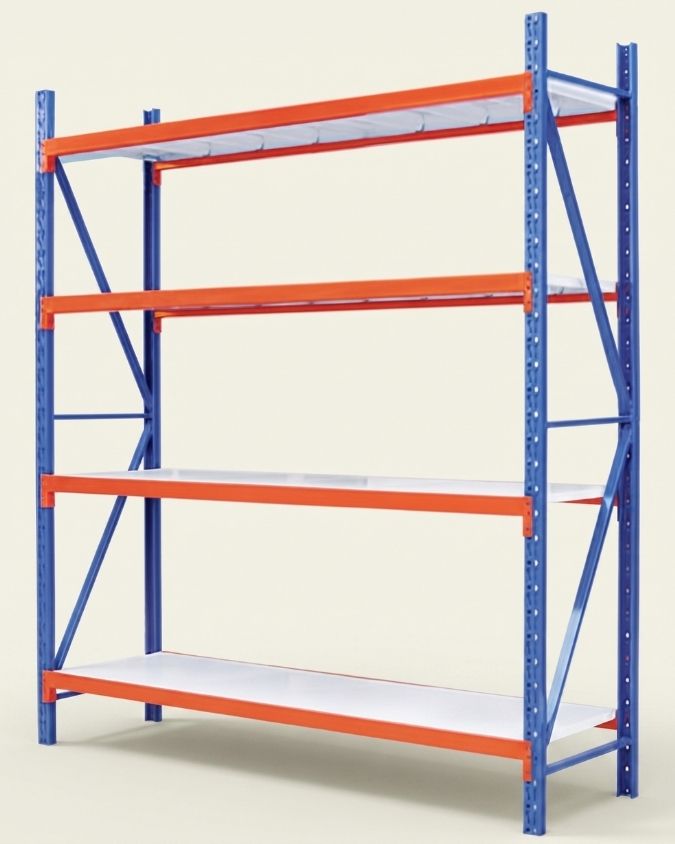 Heavy duty warehouse rack with blue uprights, orange beams and four white shelf levels