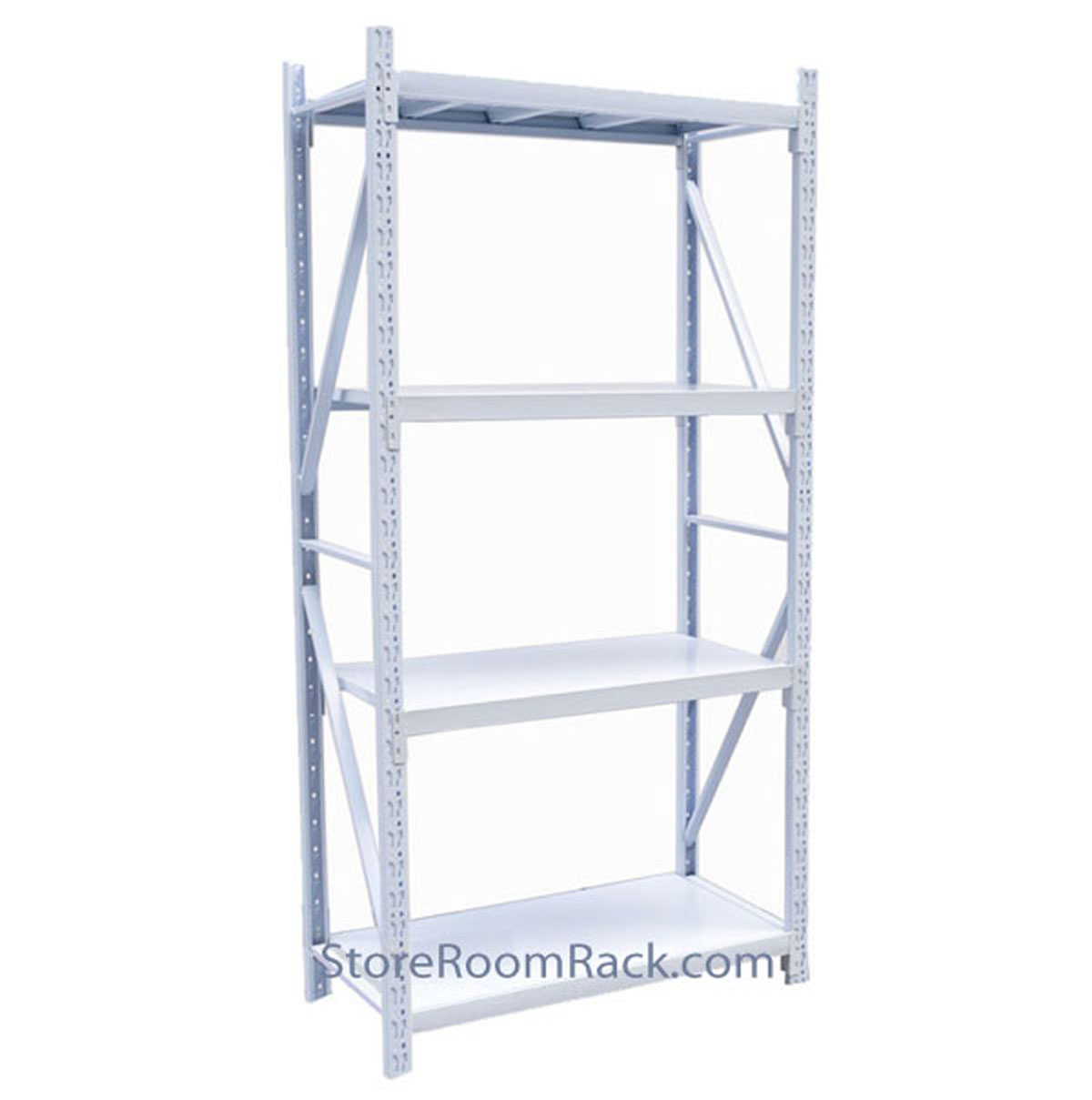 White boltless storeroom rack with four adjustable shelves
